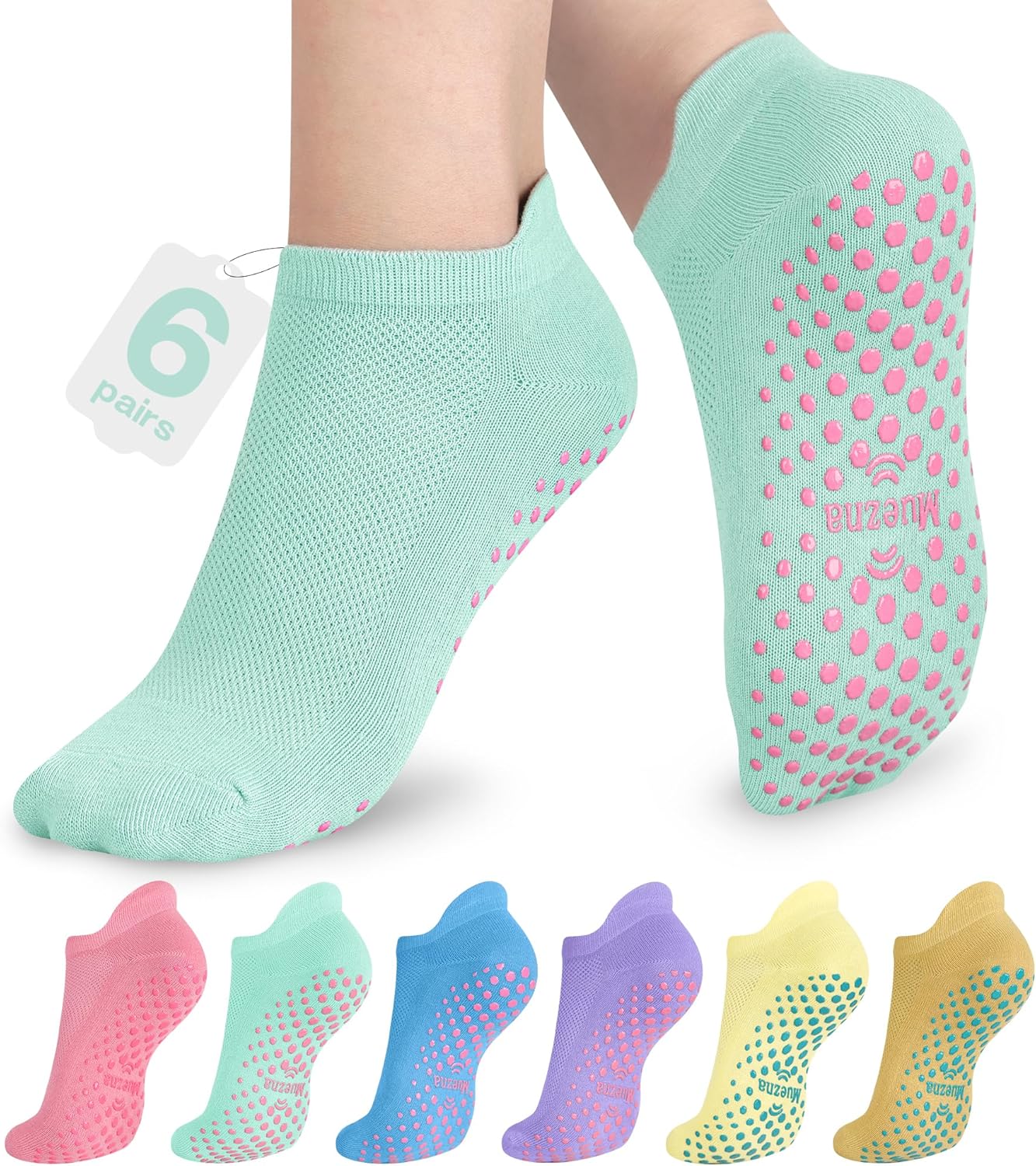 Muezna 6 Pairs Pilates Grip Socks for Women, Non Slip Yoga Socks with Grips, Grippy Socks for Barre, and Hospital