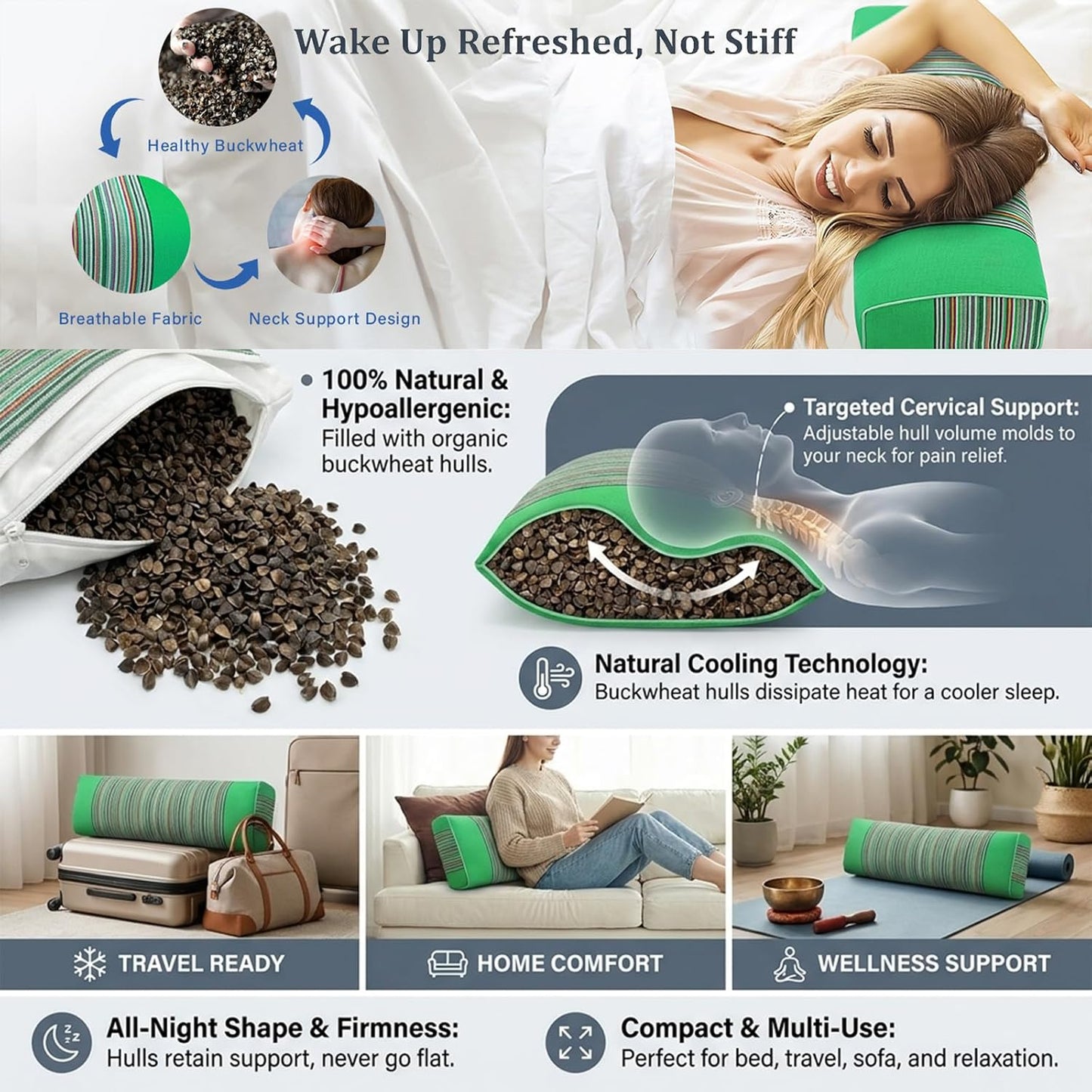 Adjustable Buckwheat Hull Pillow for Neck Pain Relief (21x8x4in) Natural Cooling Cervical Support Organic Pillow for Side & Back Sleepers with Night Sweats (Grey)