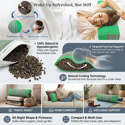 Adjustable Buckwheat Hull Pillow for Neck Pain Relief (21x8x4in) Natural Cooling Cervical Support Organic Pillow for Side & Back Sleepers with Night Sweats (Grey)
