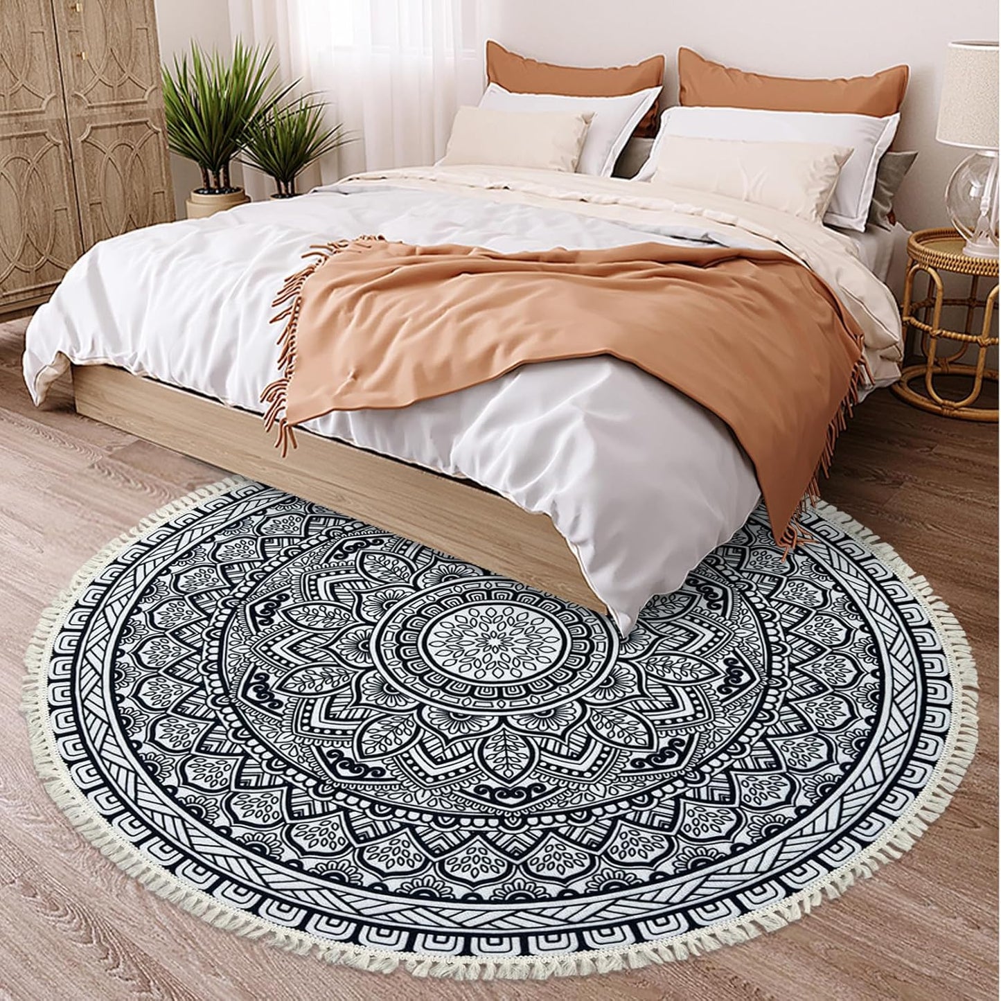 Boho Rug 5Ft Round Bedroom Carpet Circle Nonslip Farmhouse Area Rug Rustic Mandala Floor Mat for Living Room Locker Room Tassel Yoga Throw Rugs Washable Doormat, Purple