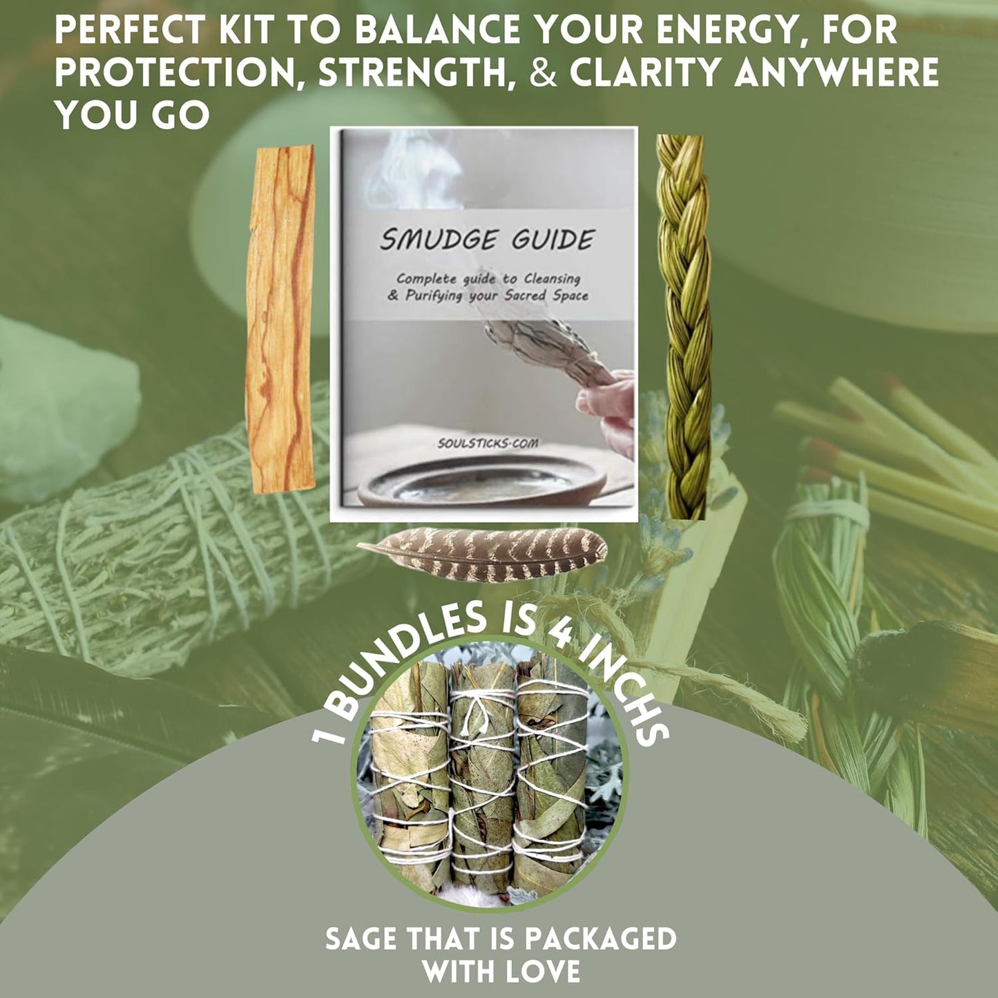 Ancient VEDA Organic Smudge Kit – Yerba Santa, Palo Santo, Sweetgrass Braid, Feather & Smudge Guide | Home Cleansing Kit for Meditation, Yoga, Energy Healing & Gift (Starter Kit, Yerba Santa Sage)