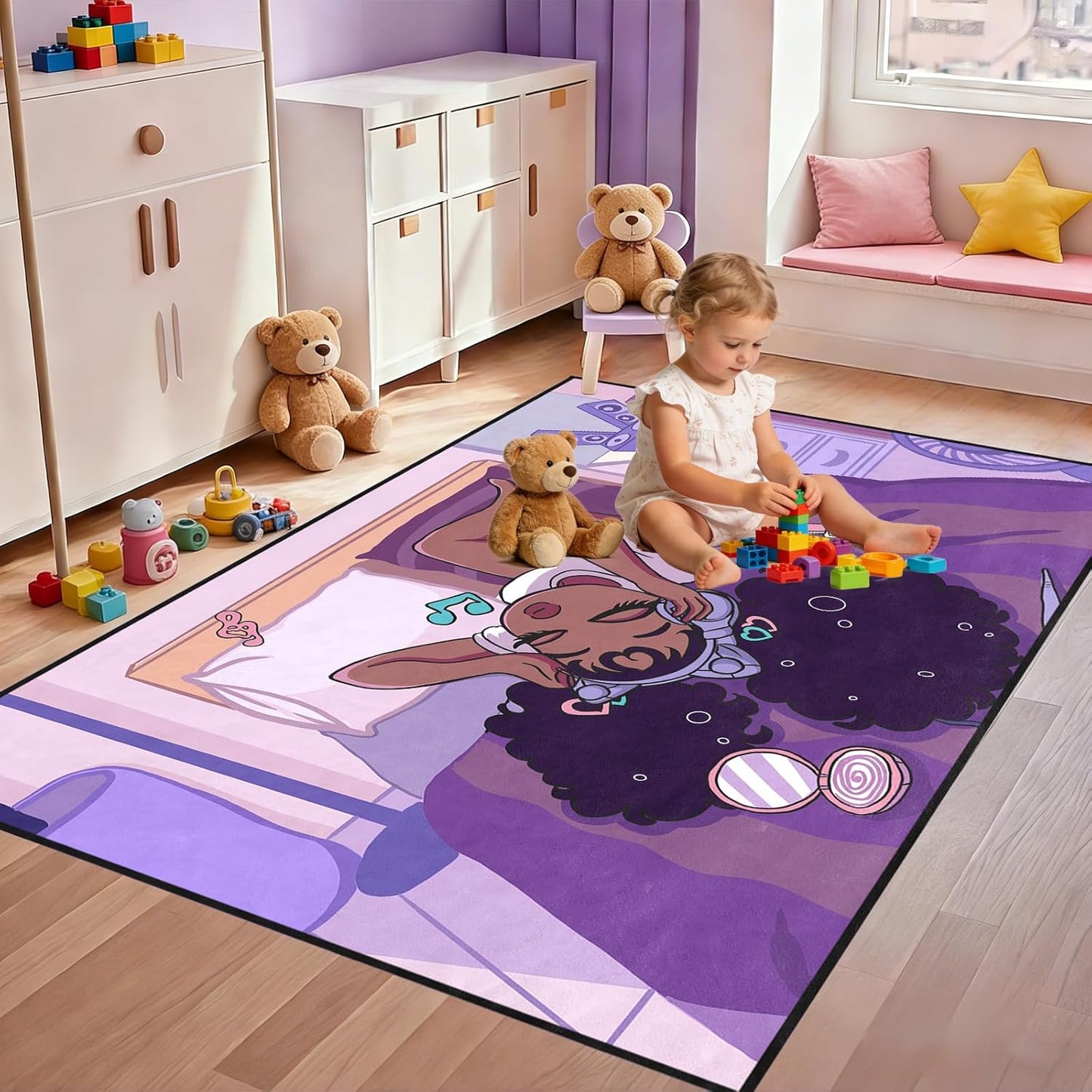 Black Girl Area Rug for Bedroom African Black Girls Floor Rugs for Living Room Playroom Cartoon Art Home Decor Soft Yoga Mats for Women Afro Purple 47" x 31" (2.7 x 3 Feet)