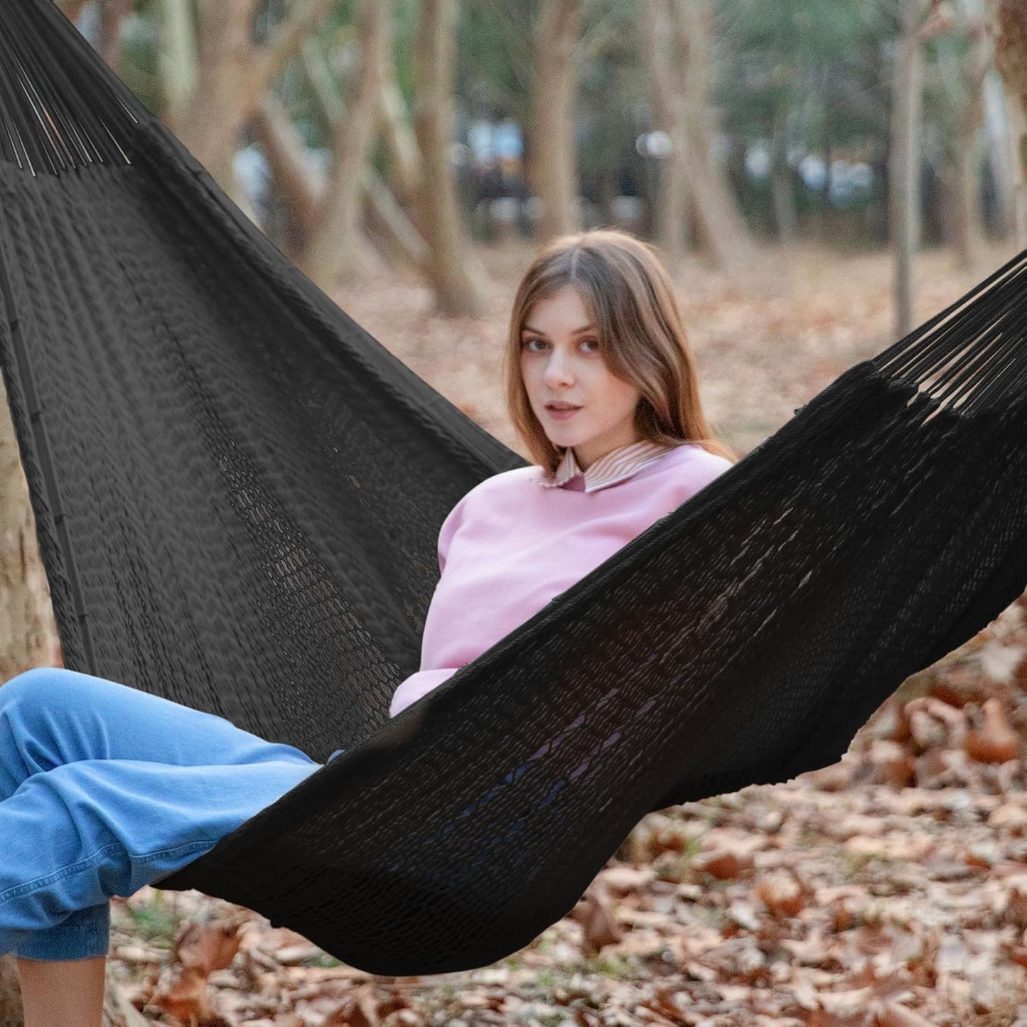 PNAEUT Handwoven Mayan Hammocks, Double Rope Hammock for Outdoor Outside & Indoor, Thick Soft 600 lbs Capacity Heavy-Duty, Includes Tree Straps, Carabiners & Carrying Bag (Nature, X-Large)