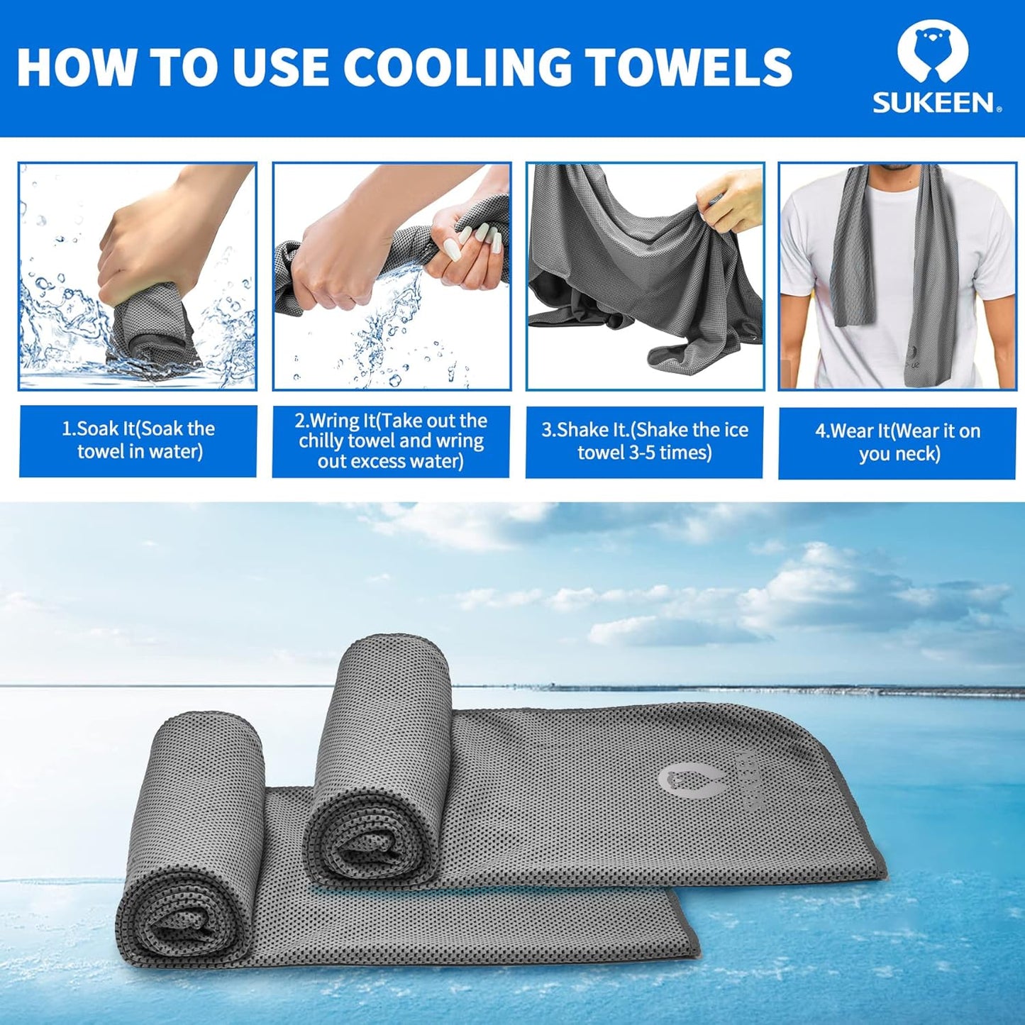 Sukeen [4 Pack Cooling Towel (40"x12"), Soft Breathable Chilly Microfiber Towel for Yoga,Sport,Running,Gym,Workout,Camping,Fitness,Workout & More Activities
