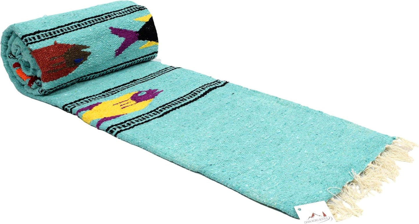 Open Road Goods Thick Mexican Yoga Blanket - Serape Fish Design - Handmade (Mint)