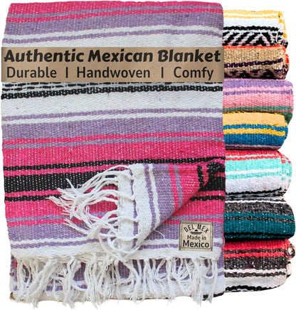 Del Mex Classic Mexican Blanket, Large Authentic Woven Falsa Throw (70"x50"), Artisan Southwest Décor for Beach, Yoga, Outdoors (Lavender)