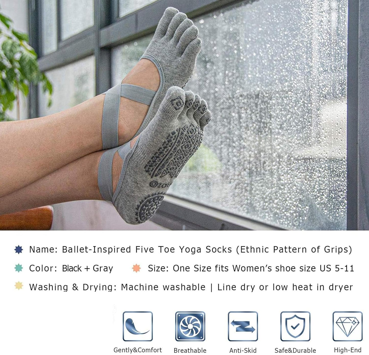 Ozaiic Yoga Socks for Women with Grips, Non-Slip Five Toe Socks for Pilates, Barre, Ballet, Fitness