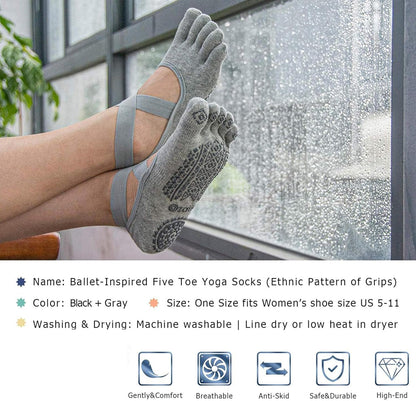 Ozaiic Yoga Socks for Women with Grips, Non-Slip Five Toe Socks for Pilates, Barre, Ballet, Fitness