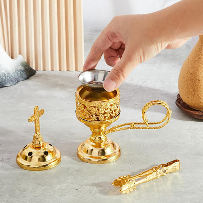 Zonon 1 Set Incense Burner with Tong, Frankincense Charcoal Incense Stand Holder, Ideal for Yoga, Spa, Aromatherapy, Home and Christian Church Censer (Gold,Retro)