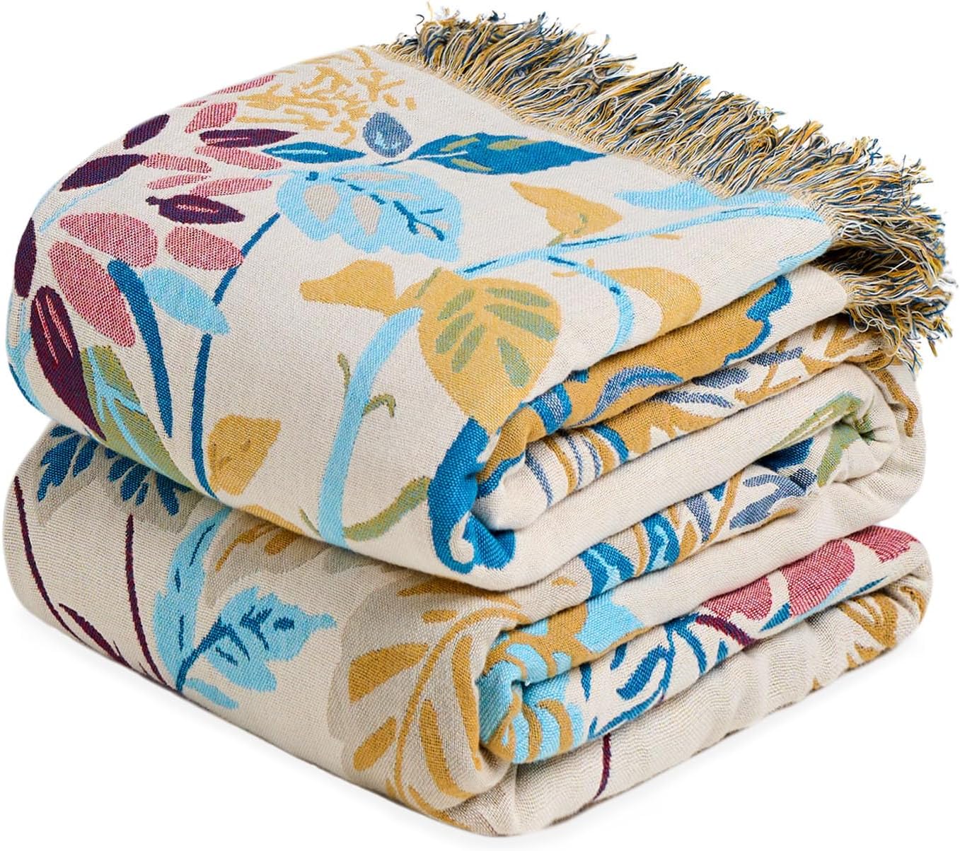 Boho Throw Blanket - 100% Cotton Soft Summer Throw Blanket for Bed, 50"x60" Reversible Breathable Lightweight Blankets, All Seasons Farmhouse Decor Floral Plant Butterfly Throw Quilt