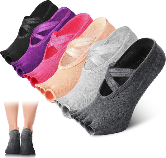 SATINIOR 6 Pairs Pilates Socks with Grip for Women Non Slip Yoga Socks Toeless Barre Sticky with Straps Multicolor for Ballet Dance Barefoot Workout