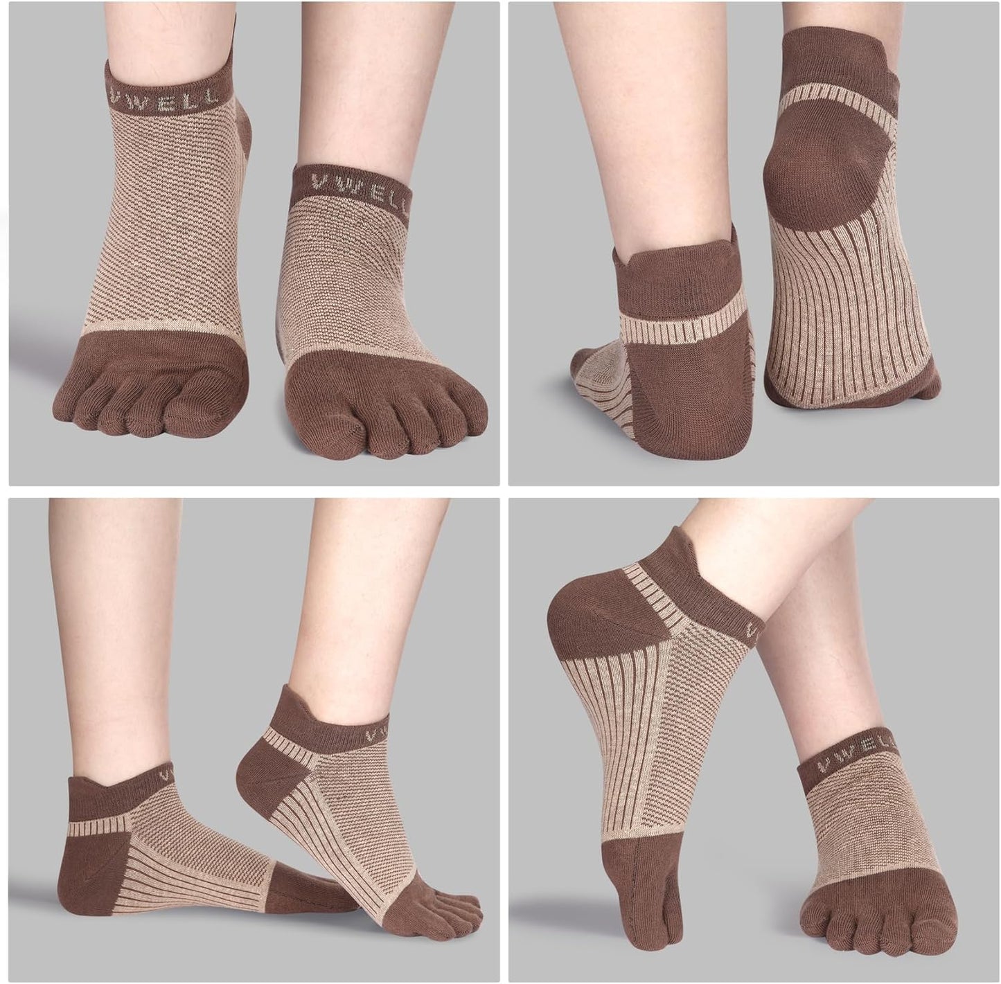 VWELL Cotton Toe Socks Five Finger Socks No Show Crew Athletic Running Socks 4 Pairs,Size 7-11