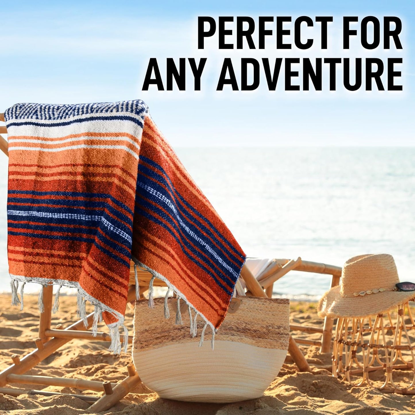 Hydration Nation Authentic Large Handwoven Mexican Blanket - Soft Yoga - Durable Serape - Lightweight Falsa, Beach, Camping, Picnic, Outdoor 70"x50" - Mandarin