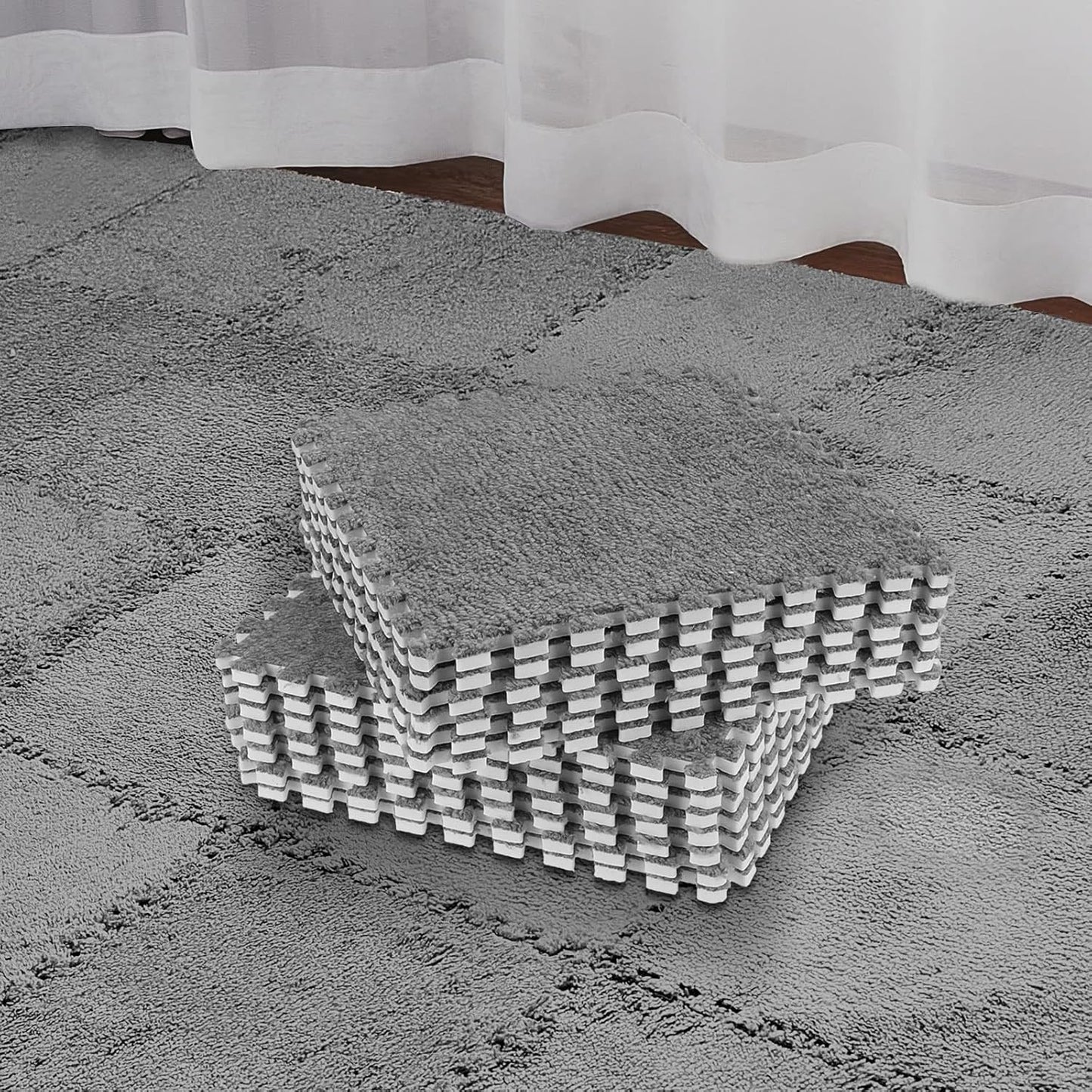 Flutesan 15 Pcs Winter Plush Puzzle Foam Floor Mat Interlocking Carpet Tiles Anti Slip Soft Warm Squares EVA Foam Crawling Rug for Play Floor Playroom Bedroom Nursery(Gray)