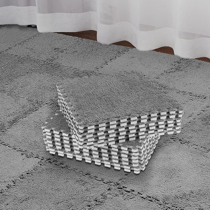 Flutesan 15 Pcs Winter Plush Puzzle Foam Floor Mat Interlocking Carpet Tiles Anti Slip Soft Warm Squares EVA Foam Crawling Rug for Play Floor Playroom Bedroom Nursery(Gray)