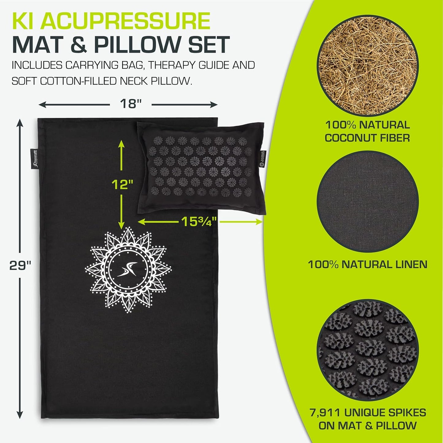 ProsourceFit Ki Acupressure Mat and Pillow Set with 100% Natural Linen for Back/Neck Pain Relief and Muscle Relaxation