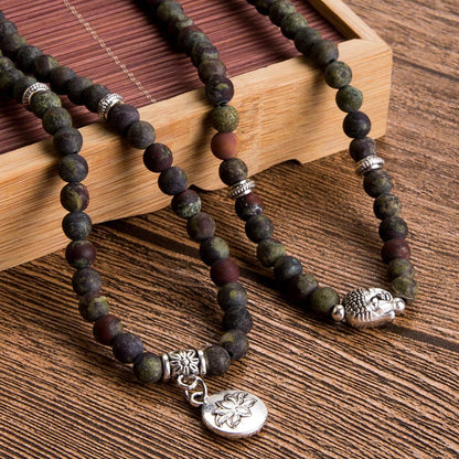 Bivei 108 Mala Beads Necklace Long Beaded Wrap Bracelets Genuine Gemstone Mala Prayer Beads Lotus Buddha Charm Yoga Meditation Necklace