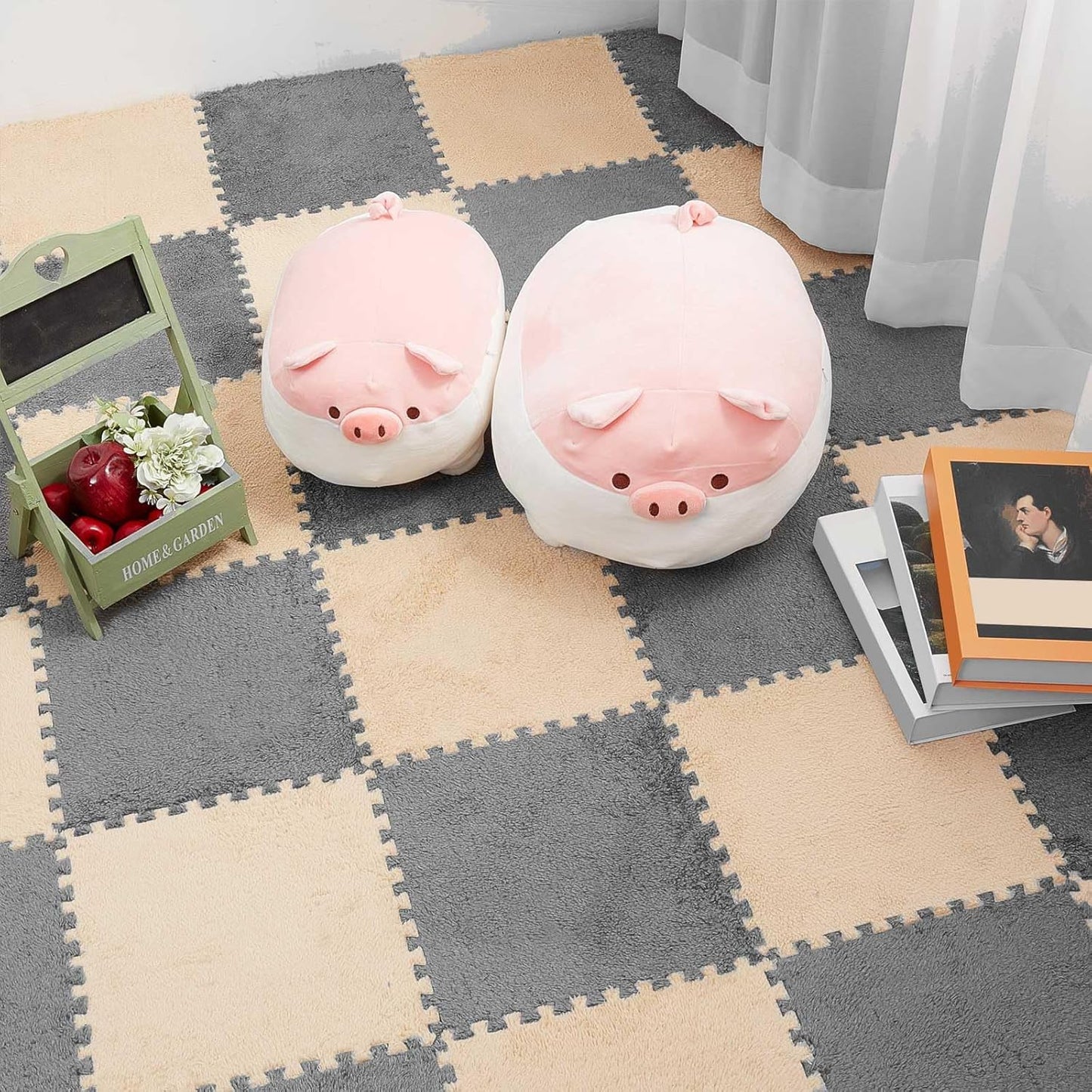 Flutesan 15 Pcs Winter Plush Puzzle Foam Floor Mat Interlocking Carpet Tiles Anti Slip Soft Warm Squares EVA Foam Crawling Rug for Play Floor Playroom Bedroom Nursery(Gray)