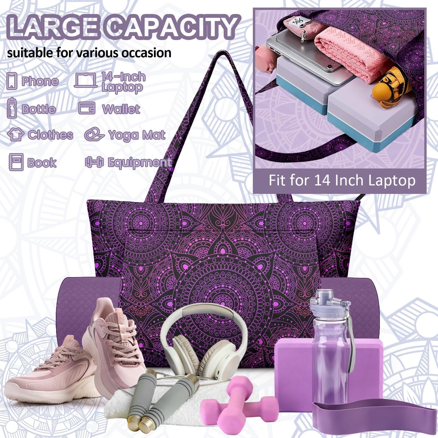Yoga Bag for Women, Large Canvas Yoga Mat Tote Bag with Yoga Mat Carrier - Large Mat Pocket Fitness Tote for Pilates, Gym, Travel, Office & Beach
