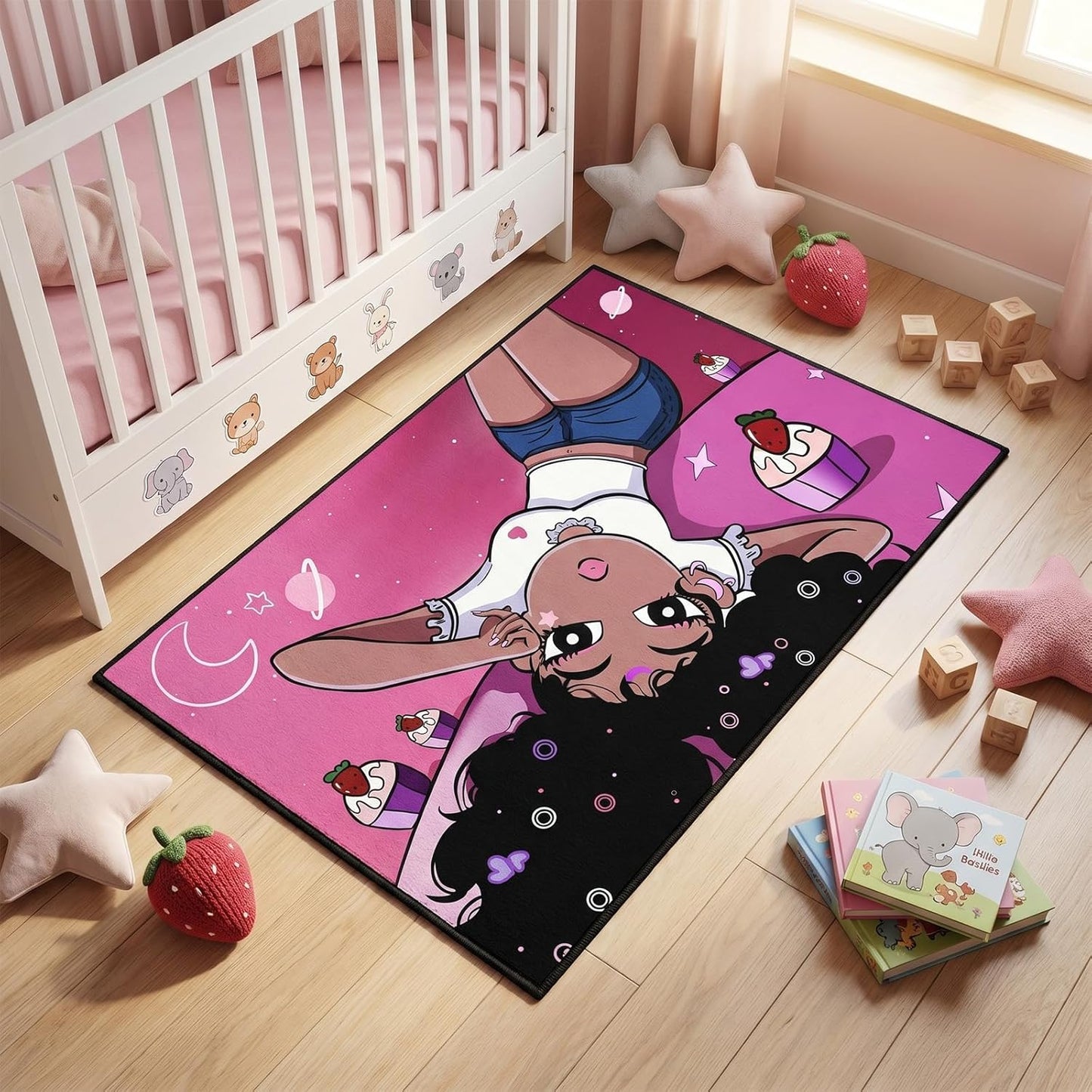 Black Girl Area Rug for Bedroom African Black Girls Floor Rugs for Living Room Playroom Cartoon Art Home Decor Soft Yoga Mats for Women Afro Purple 47" x 31" (2.7 x 3 Feet)