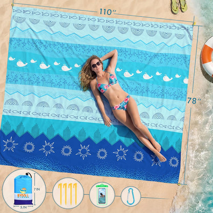 BYDOLL Beach Blanket Waterproof Sandproof Large Sand Free,78''X81''/10'X9' Oversized Sandless Lightweight Blanket Picnic Mat for Beach Travel Camping Hiking with Stakes