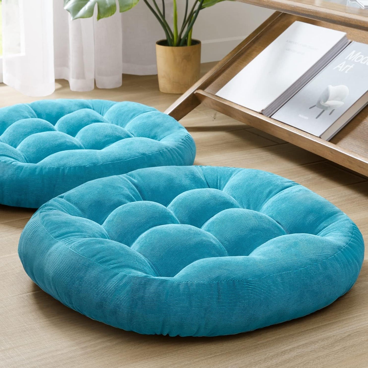 Meditation Floor Pillow Set of 2, Round Large Pillows Seating for Adults, Tufted Corduroy Cushion for Living Room Tatami, Beige 22 Inch