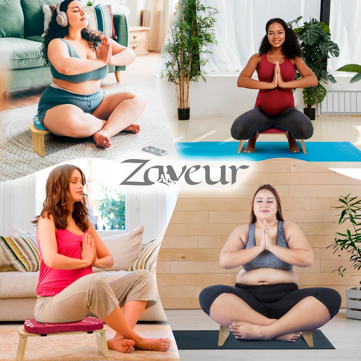 Zaveur Bamboo Meditation Bench with Cushion - Foldable Bench for Multiple Seating Angles - Kneeling Chair Meditation Stool - Yoga Chair Prayer Bench for Deeper and Longer Meditation - Brown