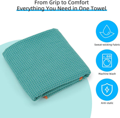 YESLIFE Non-Slip Extra Thick Hot Yoga Towel with One Sweat Towel, Microfiber Sweat Absorbent Yoga Mat Towel with Grip Dot, Pilates Mat, 72" x 24", Light Blue