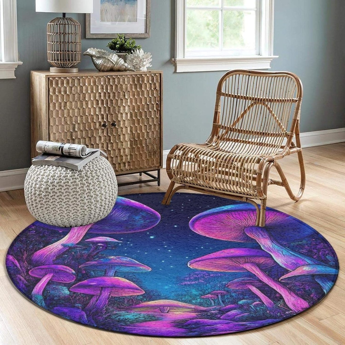 Machine Washable Modern Round Area Rug, Room Sofa Yoga Soft Round Carpet, Home Decor Non Slip Kitchen Office Circle Rug Trippy Rainbow Mushroom Tie Dye Art, 60inch