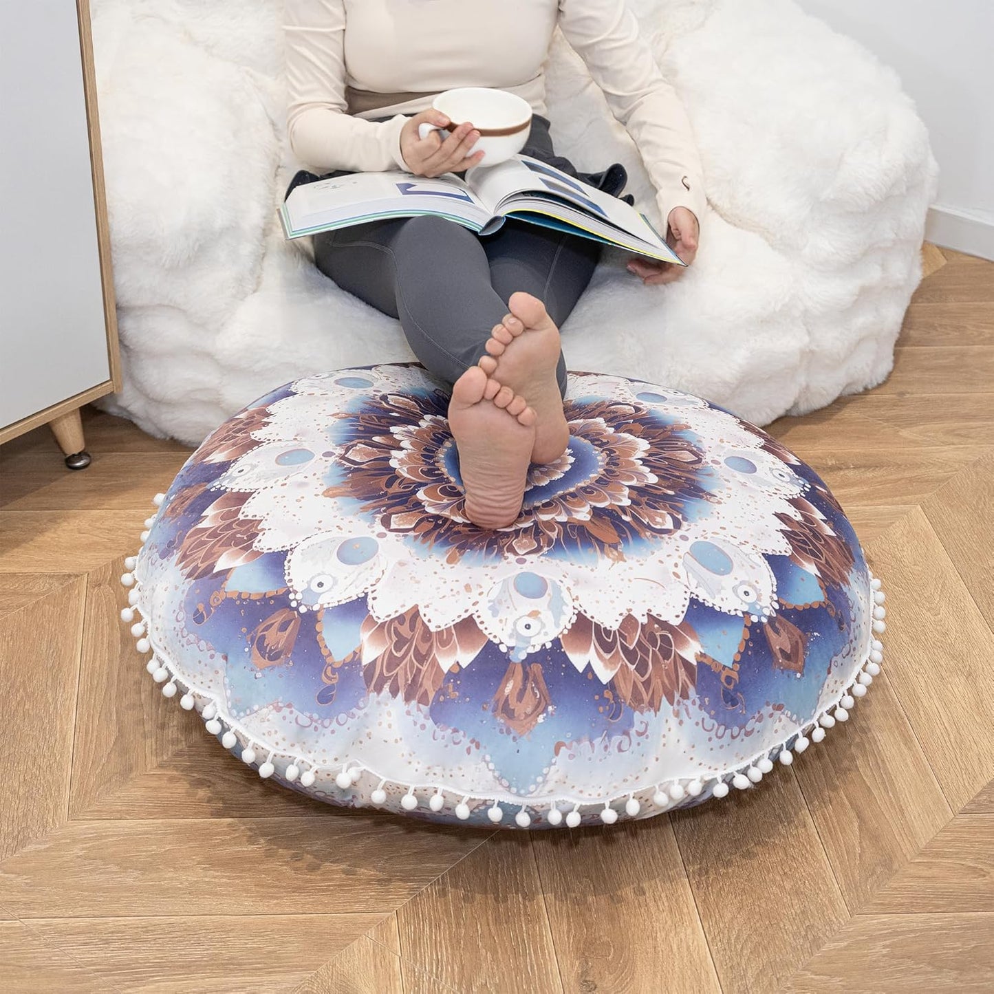 Meditation Cushion 32 Inch Round, Large Floor Pillow Seating for Adults, Bohemian Mandala Yoga Cushion, Extra Thick Memory Foam Removable Washable Cover, Ideal Gift & Holiday Decor, Blue