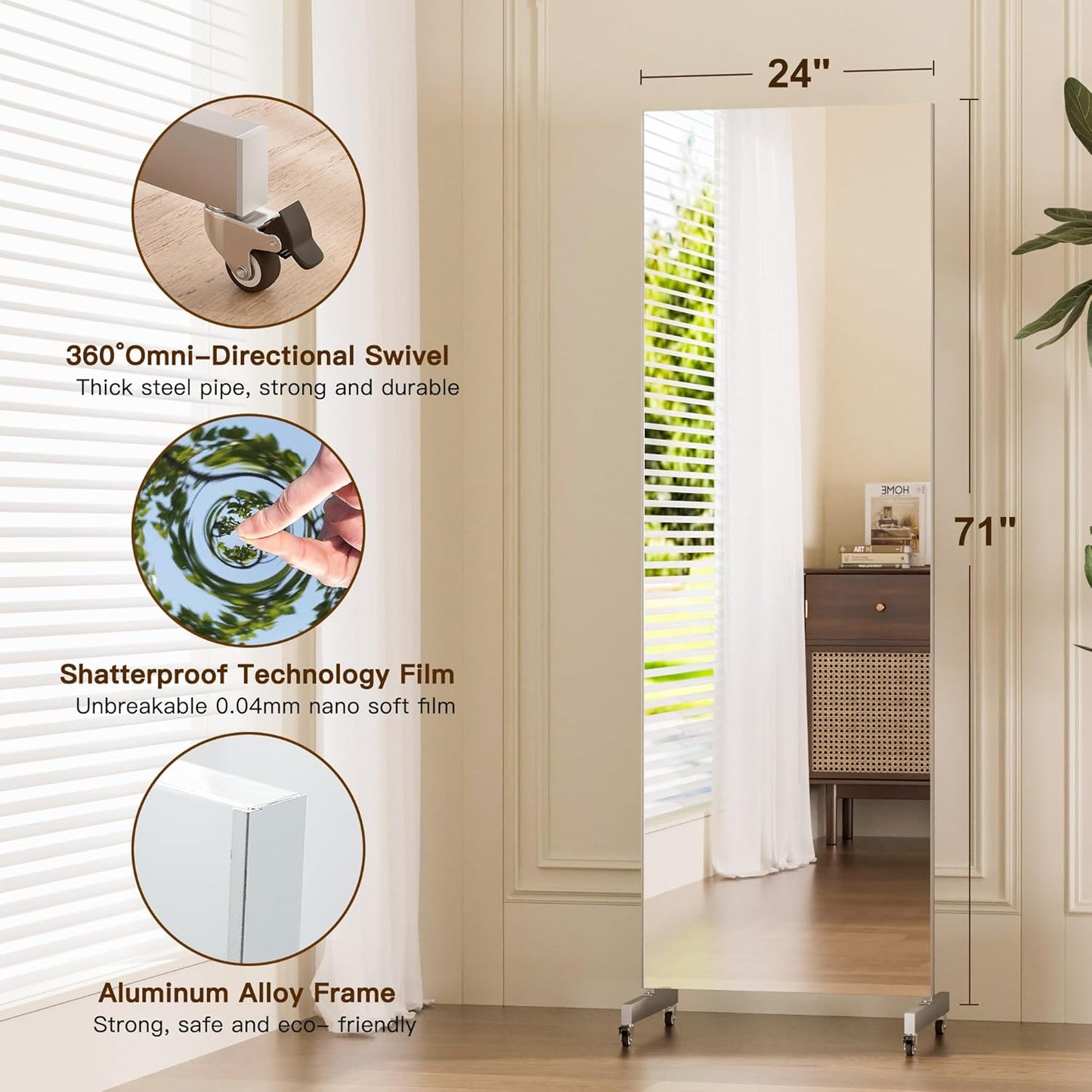 brisafe NanoMirror Non-Glass Ultra-Light Home Gym on Wheels, 75" x 32" Extra Large Full Body Mirror, Unbreakable & Shatterproof, 360° Swivel for Yoga, Dance, Fitness Studio & Home, Black