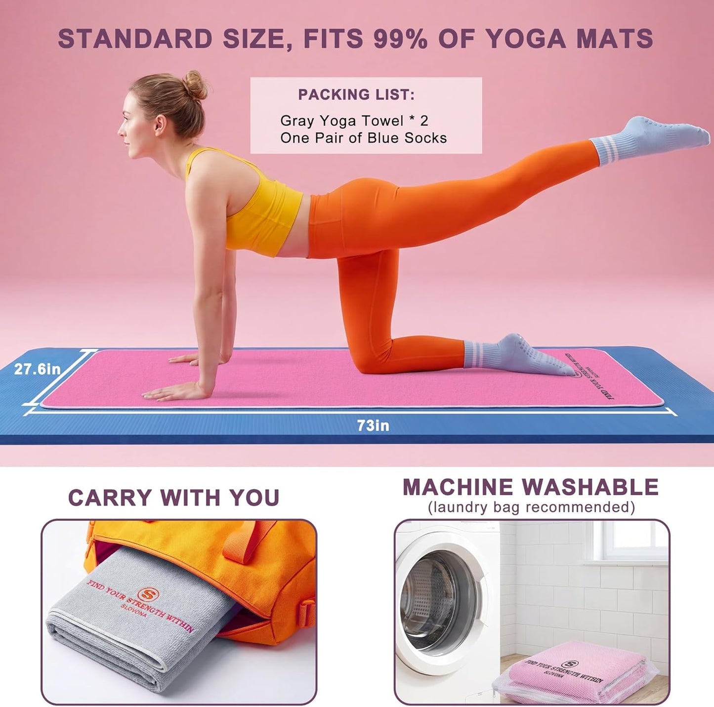 Upgraded Yoga Mat Towel with Bonus Grip Socks Elegant Embroidered Design, 1-Second Sweat Absorption & Non-Slip | Machine Washable Microfiber | Hot Yoga, Pilates | 73''*27.6'' | Orchid Purple