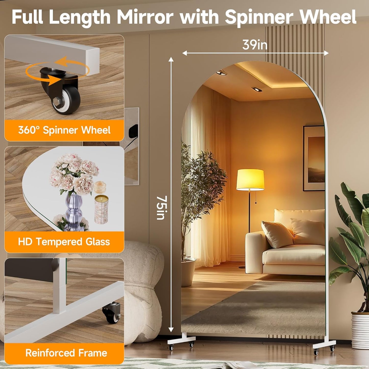 Hasipu 71" x 28" Arched Rolling Home Gym Mirror with Wheels, 360° Swivel Body Mirror with HD Tempered Glass, Large Floor Mirror for Yoga Room, Dance Studio, Bedroom & Home Gym
