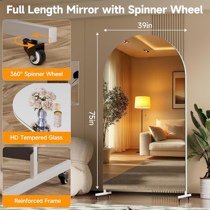 Hasipu 71" x 28" Arched Rolling Home Gym Mirror with Wheels, 360° Swivel Body Mirror with HD Tempered Glass, Large Floor Mirror for Yoga Room, Dance Studio, Bedroom & Home Gym