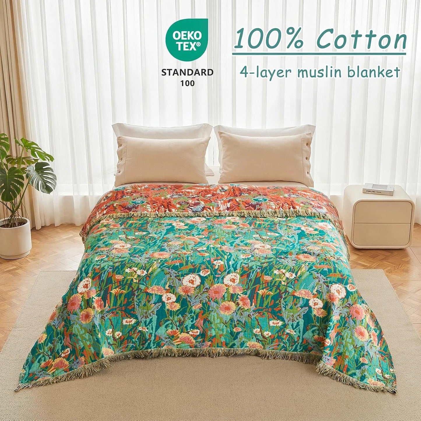 Boho Throw Blanket - 100% Cotton Soft Summer Throw Blanket for Bed, 50"x60" Reversible Breathable Lightweight Blankets, All Seasons Farmhouse Decor Floral Plant Butterfly Throw Quilt