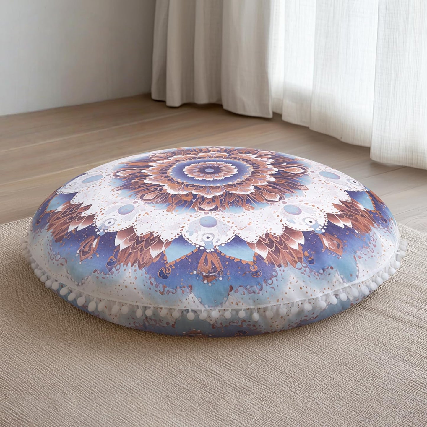 Meditation Cushion 32 Inch Round, Large Floor Pillow Seating for Adults, Bohemian Mandala Yoga Cushion, Extra Thick Memory Foam Removable Washable Cover, Ideal Gift & Holiday Decor, Blue