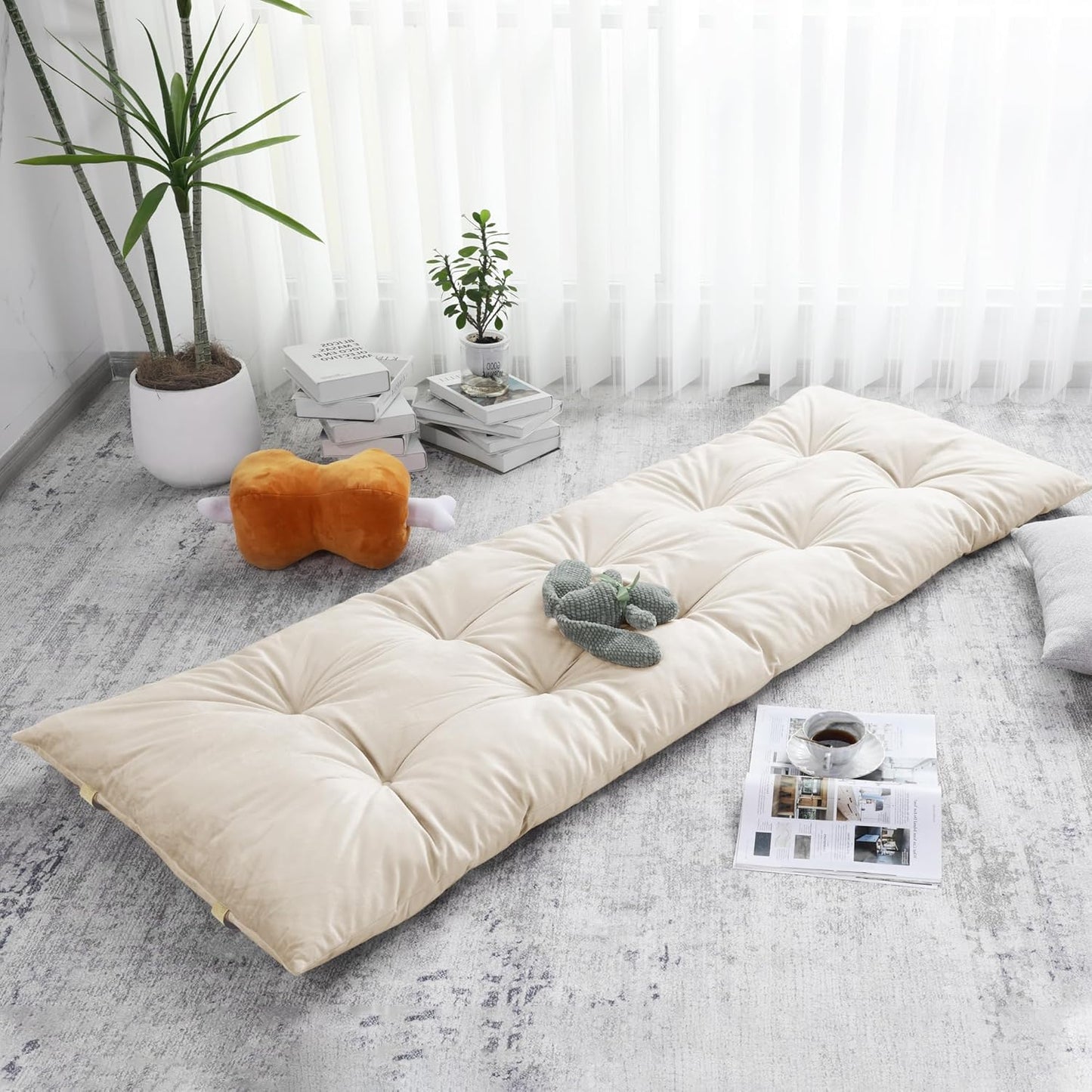 HOMBYS Floor Lounger Pillow Foldable and Tufted Design Long Floor Cushion for Yoga, Reading, Sleeping, Meditation, Elastic Band for Roll Up and Easy Storage, Machine Washable, Dark Grey, 74"x27"