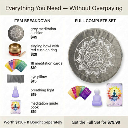 Meditation Cushion Set with Buckwheat Zafu, Breathing Light, Singing Bowl, Eye Pillow & Affirmation Cards – Meditation Kit for Beginners, Mindfulness Gift Set for Stress Relief & Yoga