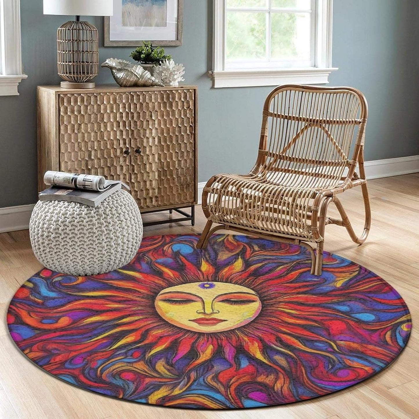 Machine Washable Modern Round Area Rug, Room Sofa Yoga Soft Round Carpet, Home Decor Non Slip Kitchen Office Circle Rug Trippy Rainbow Mushroom Tie Dye Art, 60inch