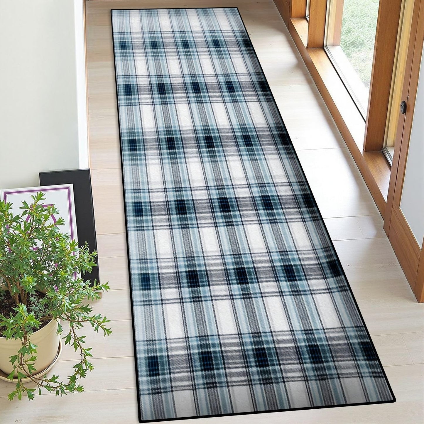 Runner Rug Washable 2x6 White Navy Blue Green Tartan Plaid Scottish Texture from Tartan Plaid Non-Slip Hallway Area Rug Indoor Outdoor Home Decor for Entryway Bathroom Kitchen Carpet Yoga Floor Mat