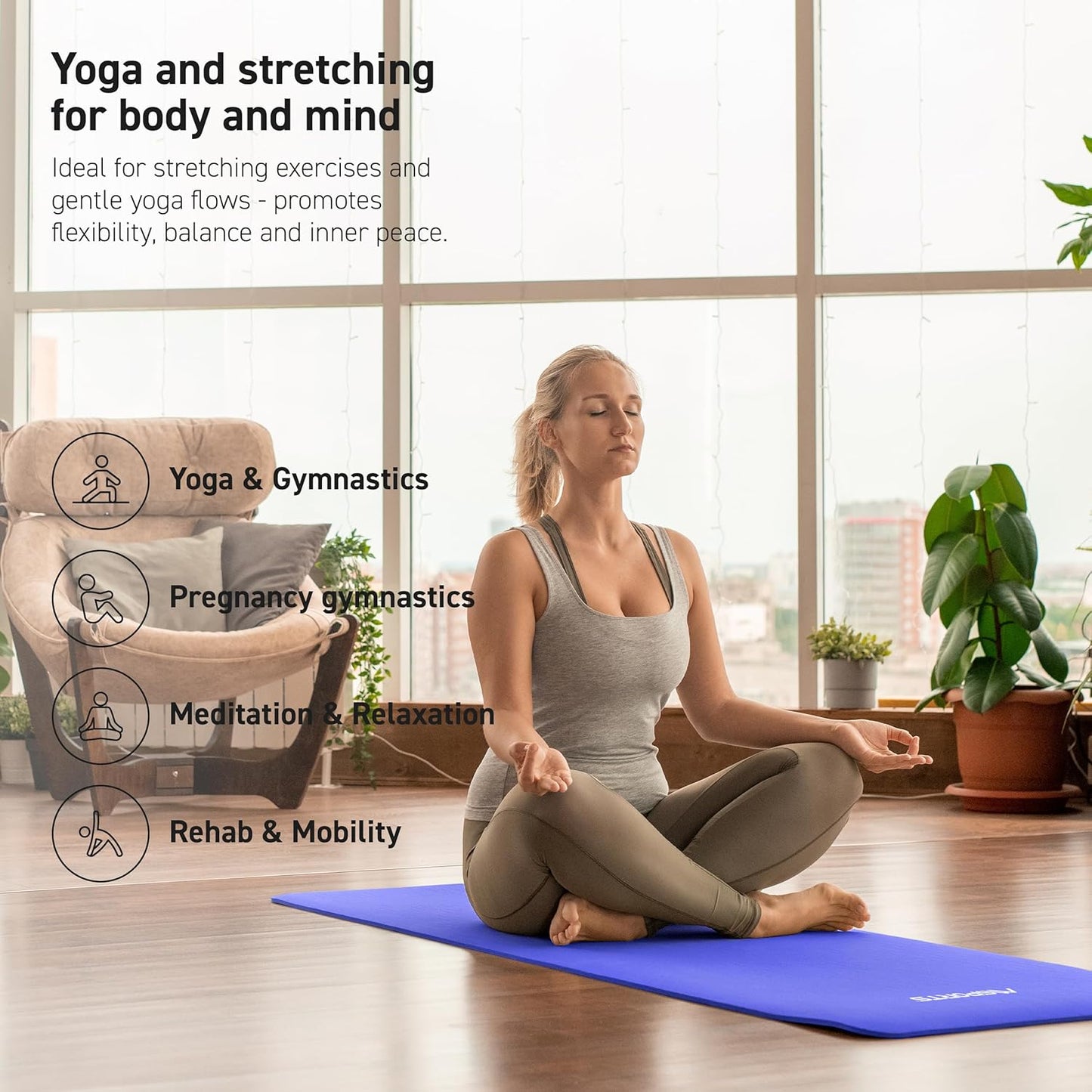 MSPORTS Yoga Mat Premium Non Slip Thick – Extra Comfortable Exercise Mat for Home Workouts, Pilates, Stretching & Gym – Cushioned NBR Foam, Gym Mat with Strap, for Women & Men