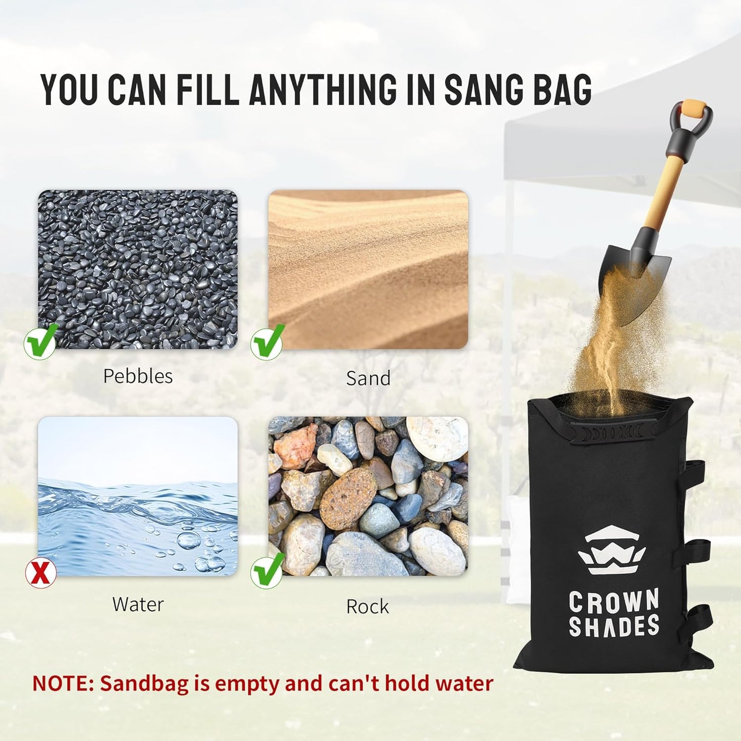 CROWN SHADES Sand Bags for Canopy Legs (150 LBS) Sandbags for Weight, Canopy Weights, Pop Up Tent Weights Bags, Black (Unfilled)