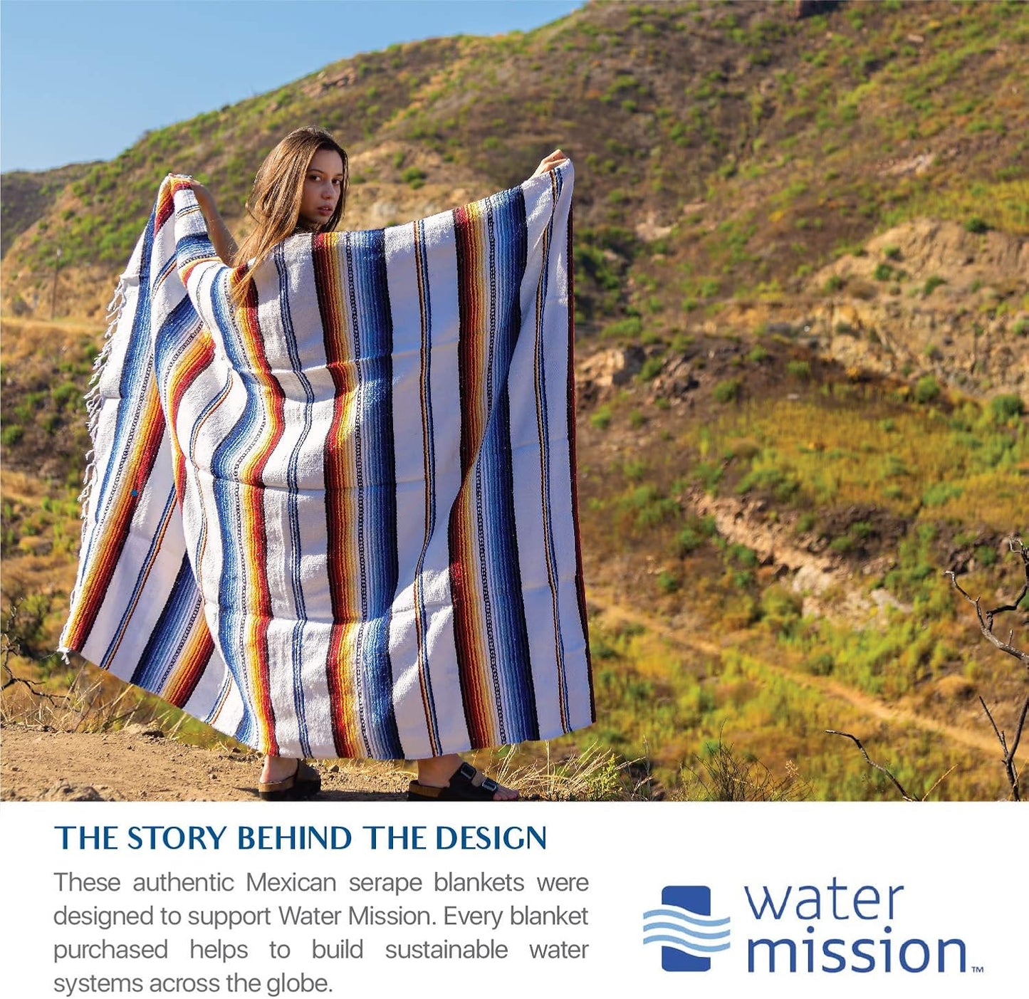 Benevolence LA Mexican Blanket, Authentic Handwoven Yoga Blanket & Outdoor Blanket, Made by Traditional Mexican Artisans, Saddle Blanket, Beach Blanket, Picnic Blanket, & Car Blanket 75 x 52 - Agua