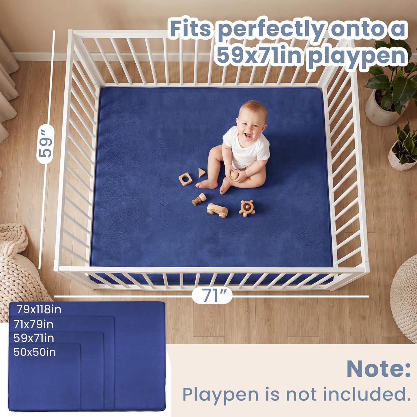 ACOMOPACK 1.3" Thick Baby Play Mat for Floor 79x118"-Large Water-Repellent&Non-Slip Memory Foam Mat for Kids,Toddlers,Soft Velvet Nursery Rug for Tummy Time&Crawling,Yoga,Tatami Style(Blue)