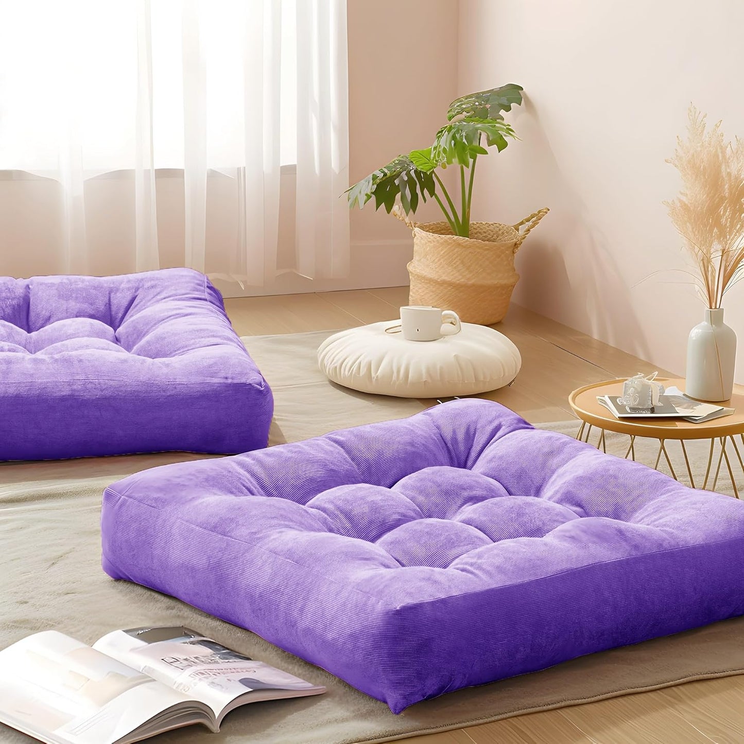 Meditation Floor Pillow Set of 2, Round Large Pillows Seating for Adults, Tufted Corduroy Cushion for Living Room Tatami, Beige 22 Inch