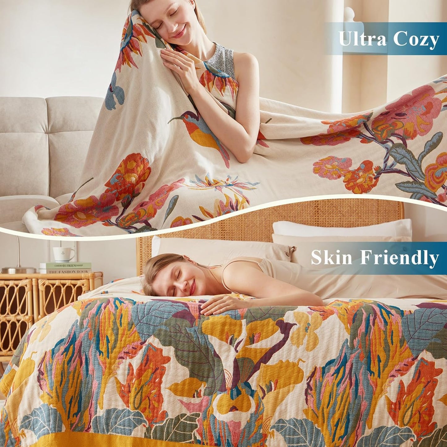 Boho Throw Blanket - 100% Cotton Soft Summer Throw Blanket for Bed, 50"x60" Reversible Breathable Lightweight Blankets, All Seasons Farmhouse Decor Floral Plant Butterfly Throw Quilt