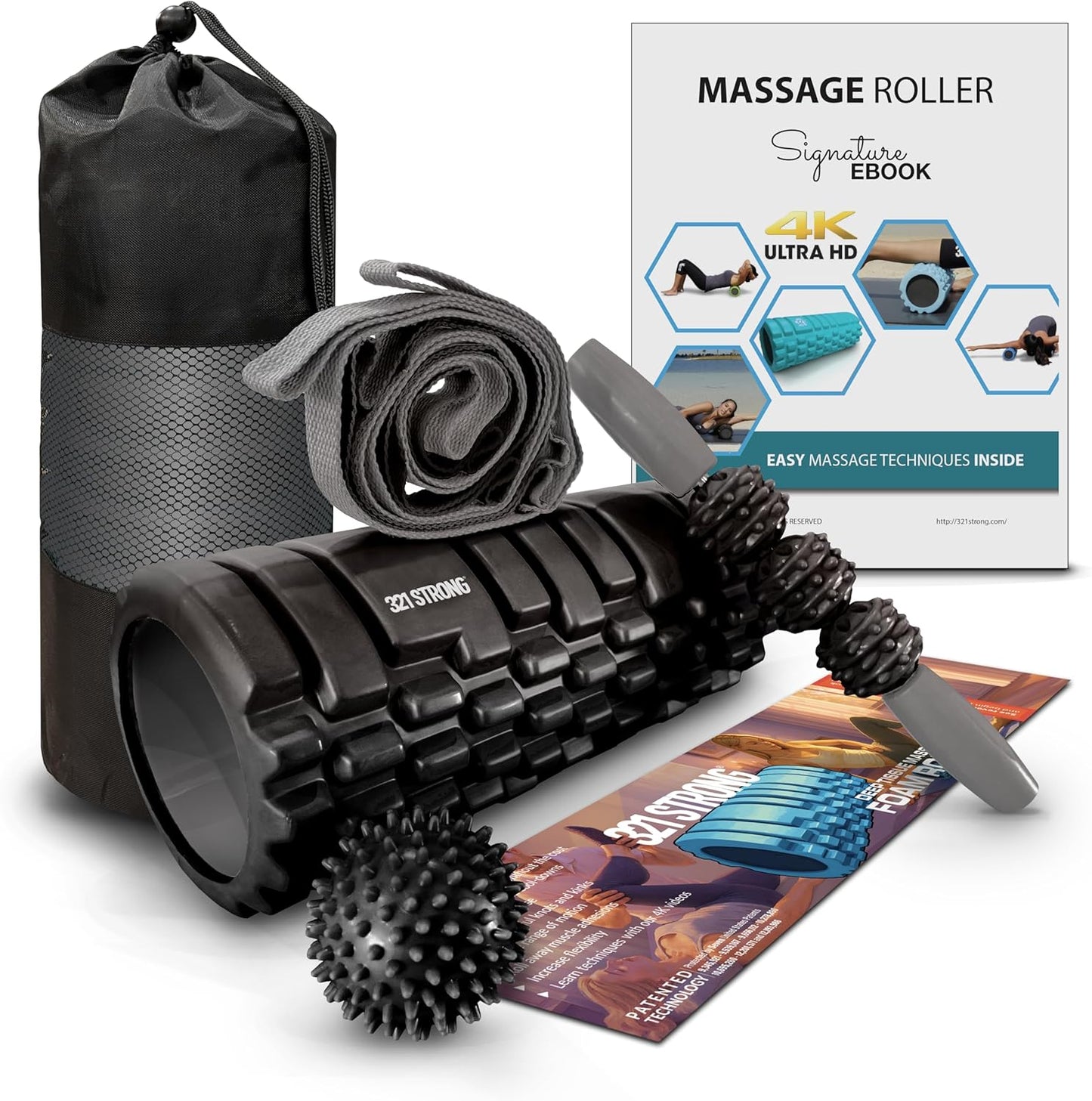 321 STRONG Foam Roller Set with: Hollow Core Roller, Muscle Roller Stick, Stretching Strap, Spikey Ball, Quick Start Guide, Carry Bag, and 4K eBook