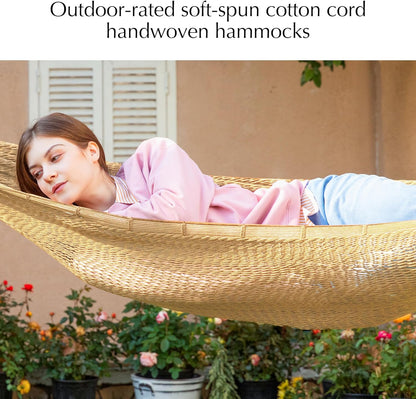 PNAEUT Handwoven Mayan Hammocks, Double Rope Hammock for Outdoor Outside & Indoor, Thick Soft 600 lbs Capacity Heavy-Duty, Includes Tree Straps, Carabiners & Carrying Bag (Nature, X-Large)