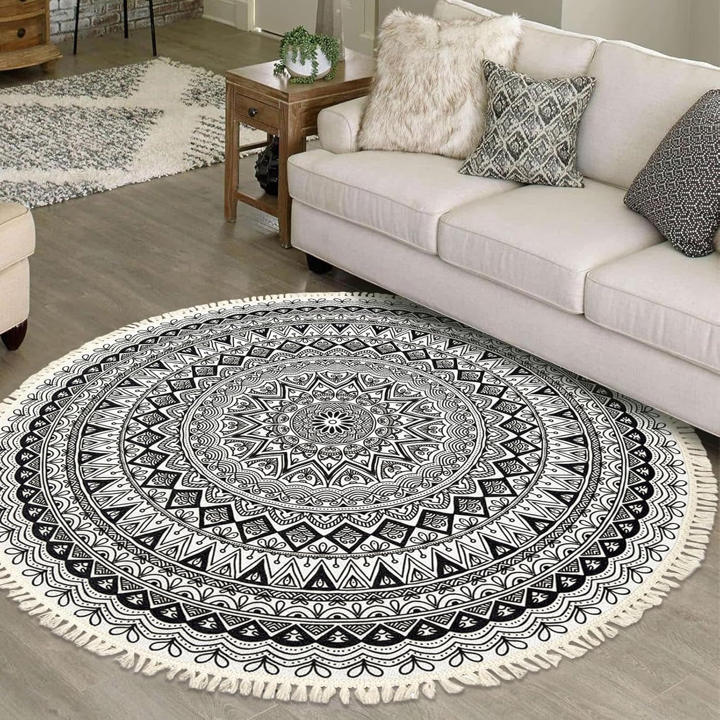 Boho Rug 5Ft Round Bedroom Carpet Circle Nonslip Farmhouse Area Rug Rustic Mandala Floor Mat for Living Room Locker Room Tassel Yoga Throw Rugs Washable Doormat, Purple