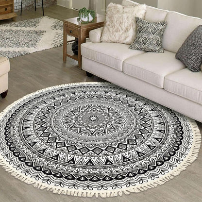 Boho Rug 5Ft Round Bedroom Carpet Circle Nonslip Farmhouse Area Rug Rustic Mandala Floor Mat for Living Room Locker Room Tassel Yoga Throw Rugs Washable Doormat, Purple
